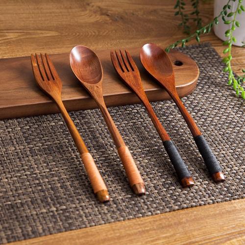 厨卫 不锈钢制品 日式木质长柄勺子便携式木勺子木叉子家用餐具创意