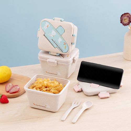 可爱小麦秸秆学生便当盒日式微波炉加热小餐盒带餐具创意儿童饭盒